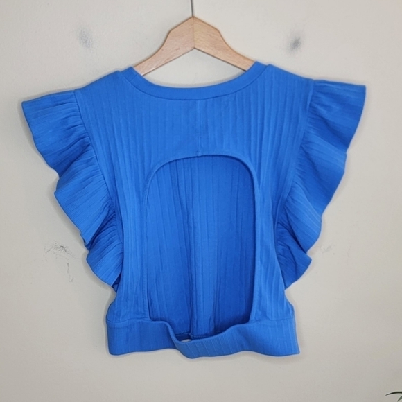 NWT Everyday Chic Boutique | Blue Cropped Ruffle Open Back Top - Picture 4 of 6